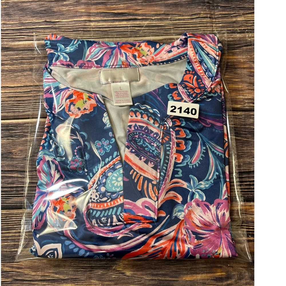 Stella Parker Dress Womens L Navy Paisley Floral Split Neck 3/4 Sleeve Shift - Picture 14 of 14